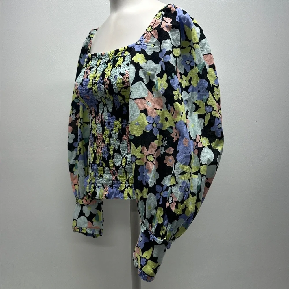 Free People Ariana Blouse Floral Retro Smocked Puff Long Sleeve Shirt Size Small